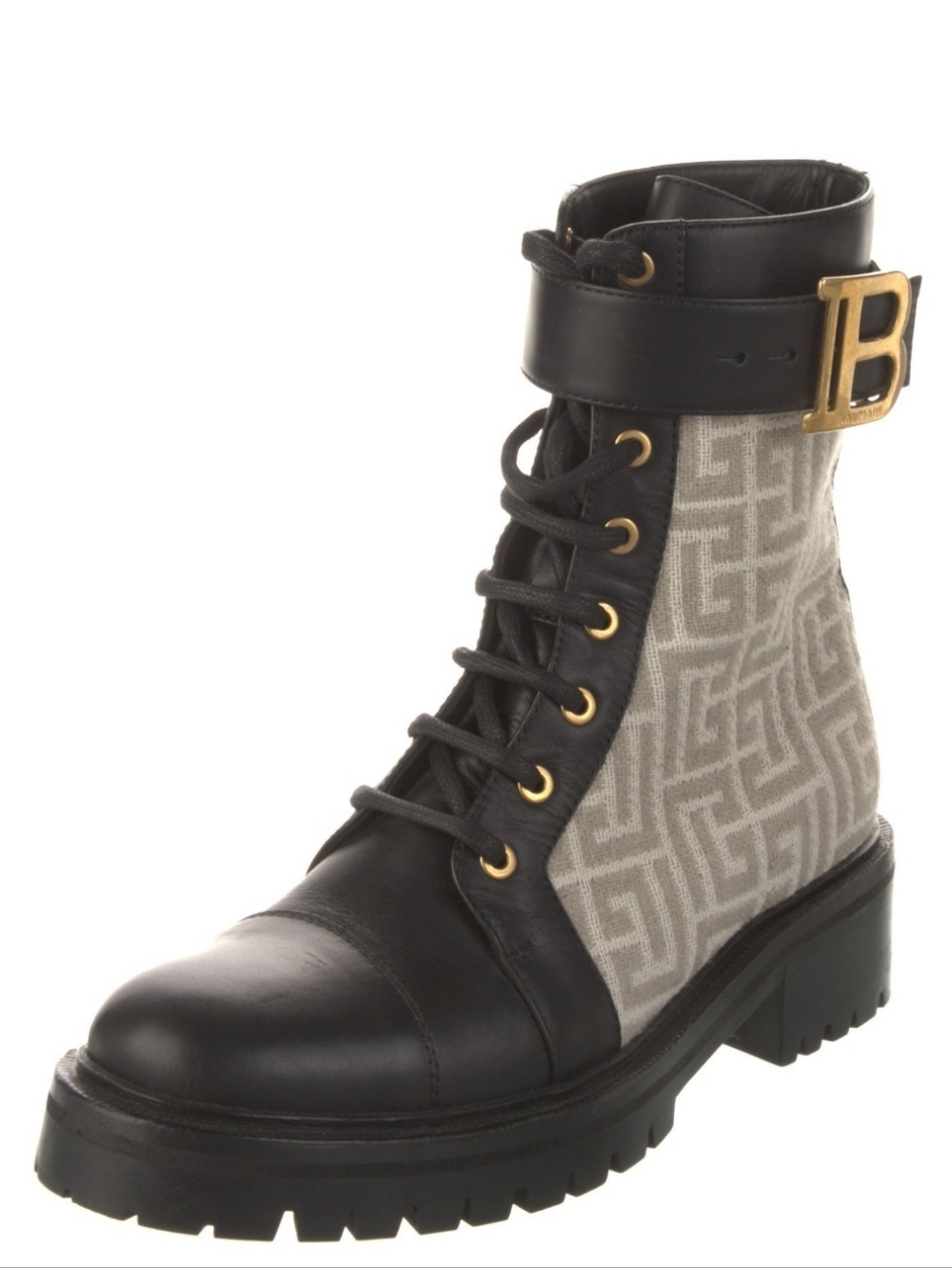 Balmain Black Leather & Beige Monogram Combat Boot with Gold 'B' - Picture 2 of 10